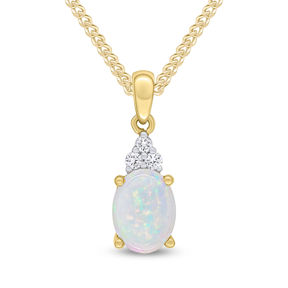 18CT YG 8X6 OVAL OPAL AND ROUND DIAMOND TREFOIL TOP CLAW SET PENDANT WITH PLAIN LOOP. RHODIUM TO DIAMONDS