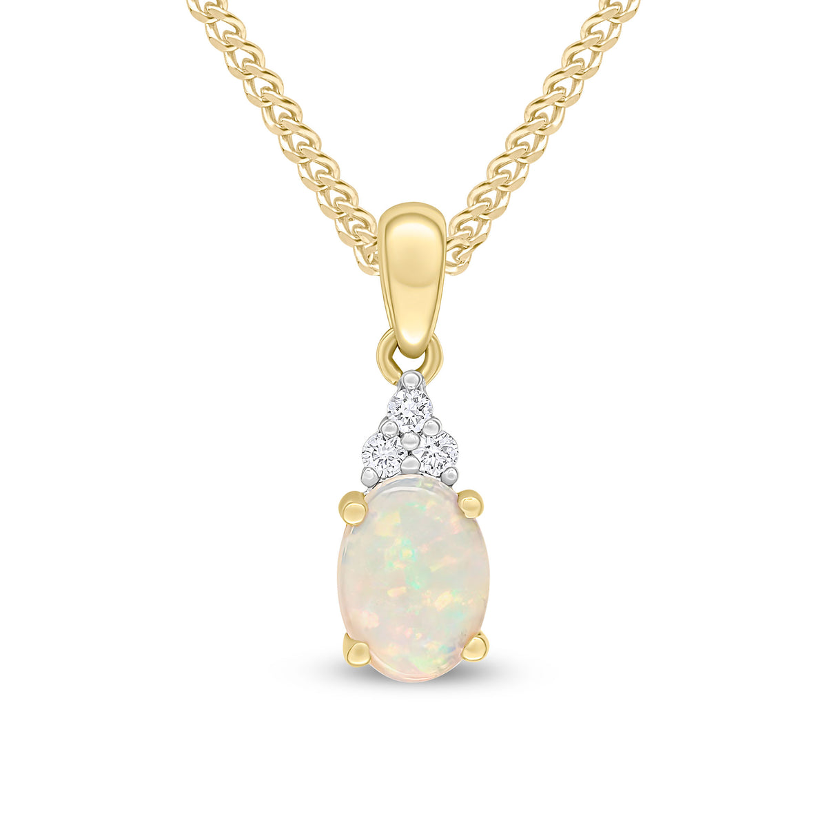 18CT YG 7X5 OVAL OPAL AND ROUND DIAMOND TREFOIL TOP CLAW SET PENDANT WITH PLAIN LOOP. RHODIUM TO DIAMONDS