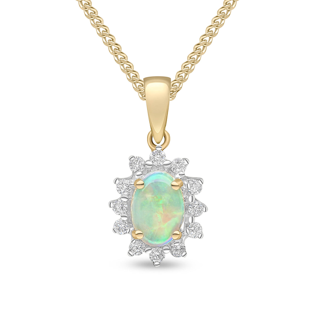 18CT YG 7X5 OVAL OPAL & ROUND DIAMOND CLAW SET CLUSTER PENDANT. RHODIUM TO DIAMONDS