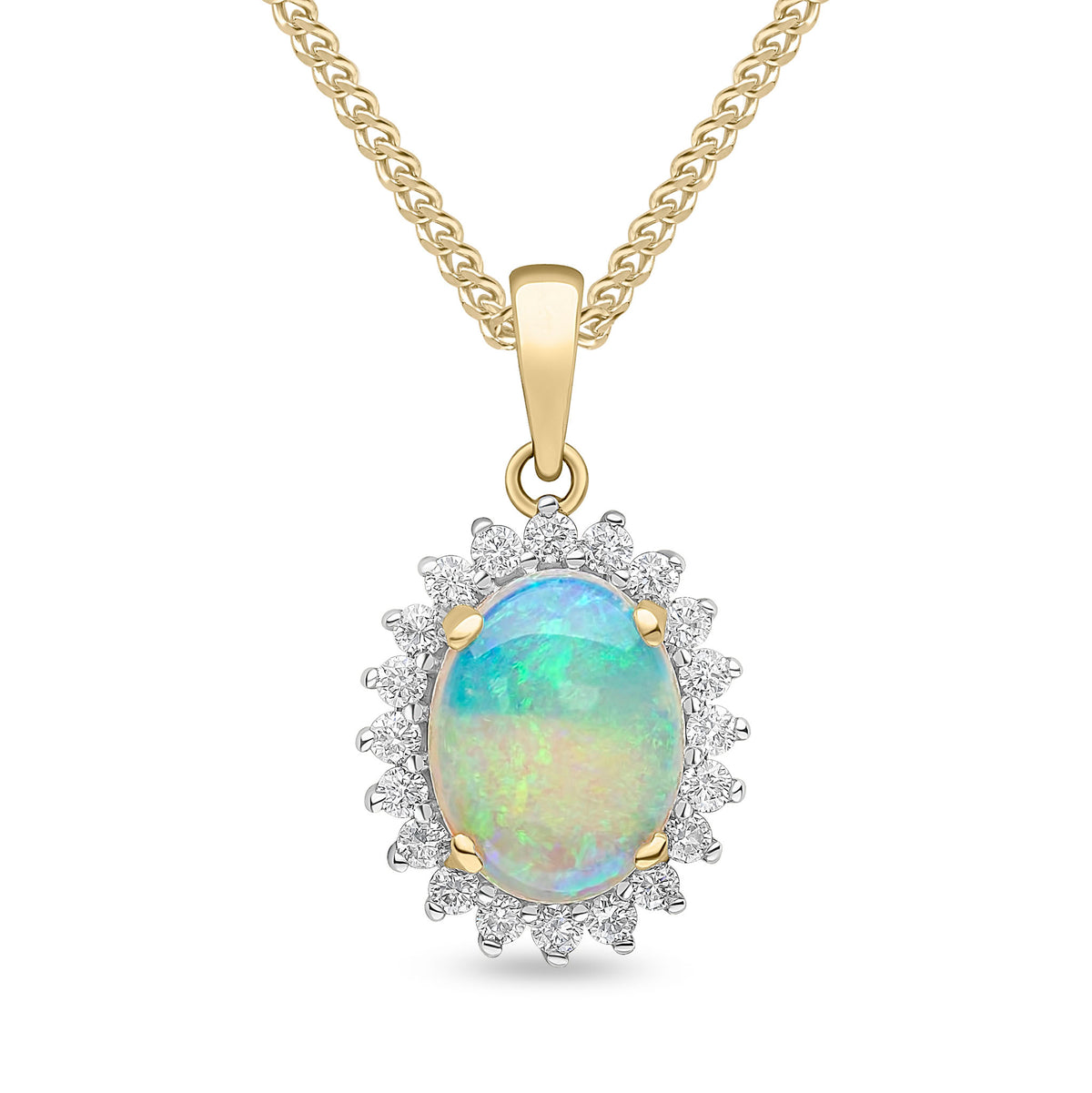 18CT YG 9X7 OVAL OPAL & ROUND DIAMOND CLAW SET CLUSTER PENDANT. RHODIUM TO DIAMONDS