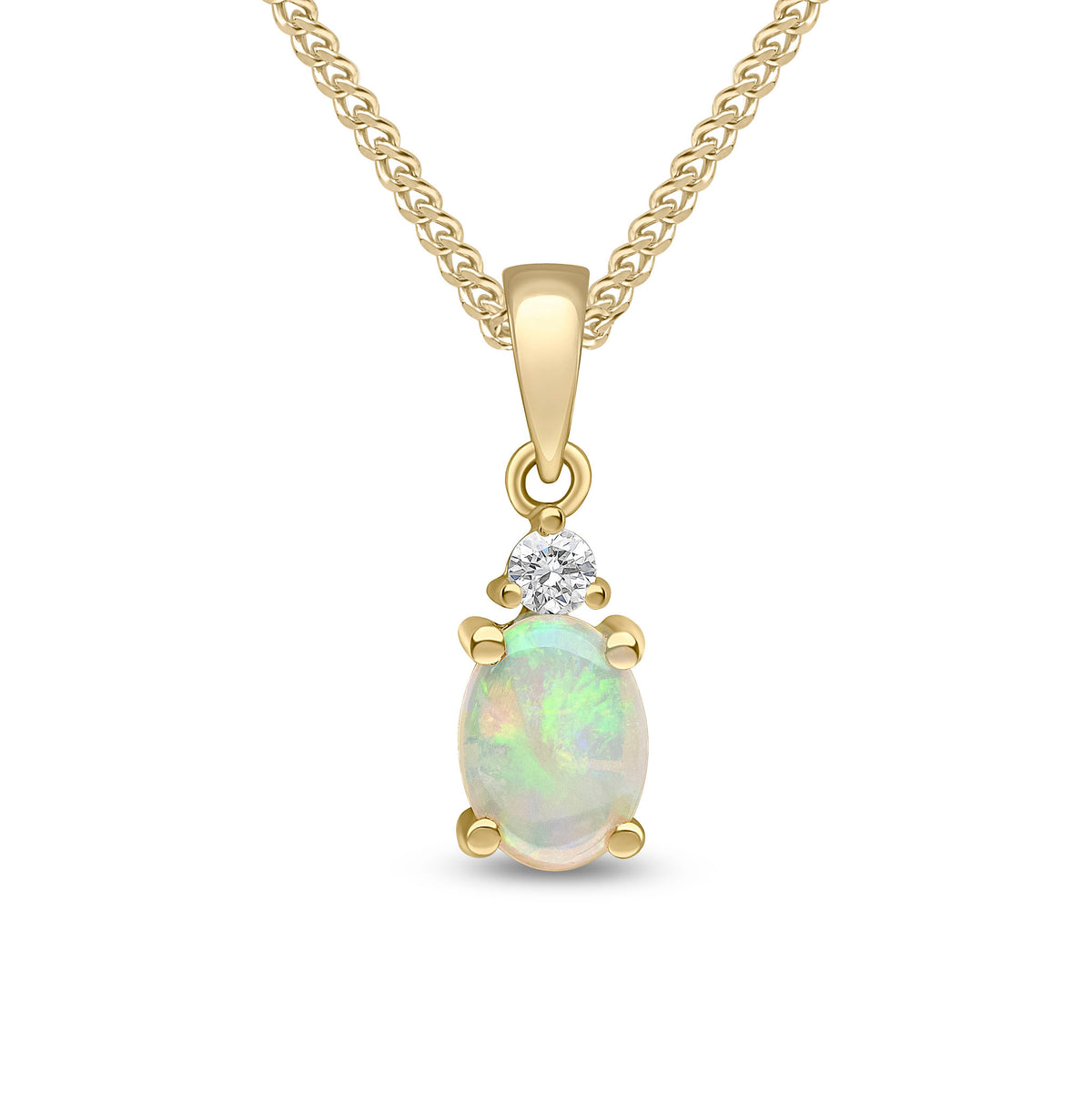 18CT YG 7X5 OVAL OPAL AND ROUND DIAMOND 2ST CLAW SET PENDANT. RHODIUM TO DIAMOND