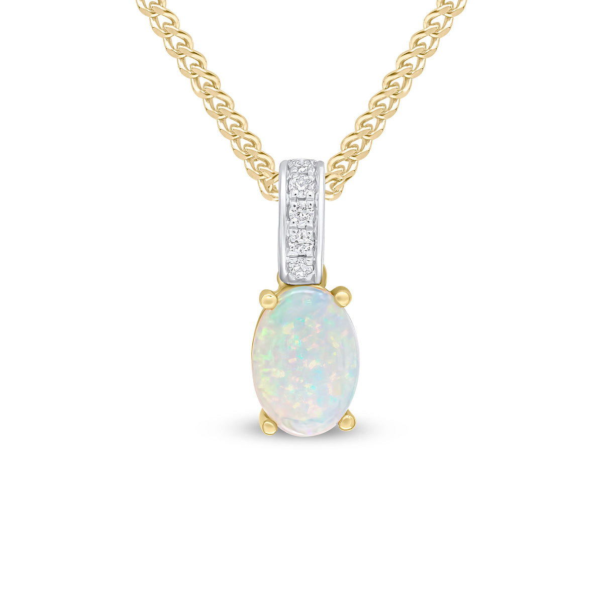 18CT YG 7X5MM OVAL OPAL & DIAMOND LINE PENDANT. RHODIUM TO DIAMONDS