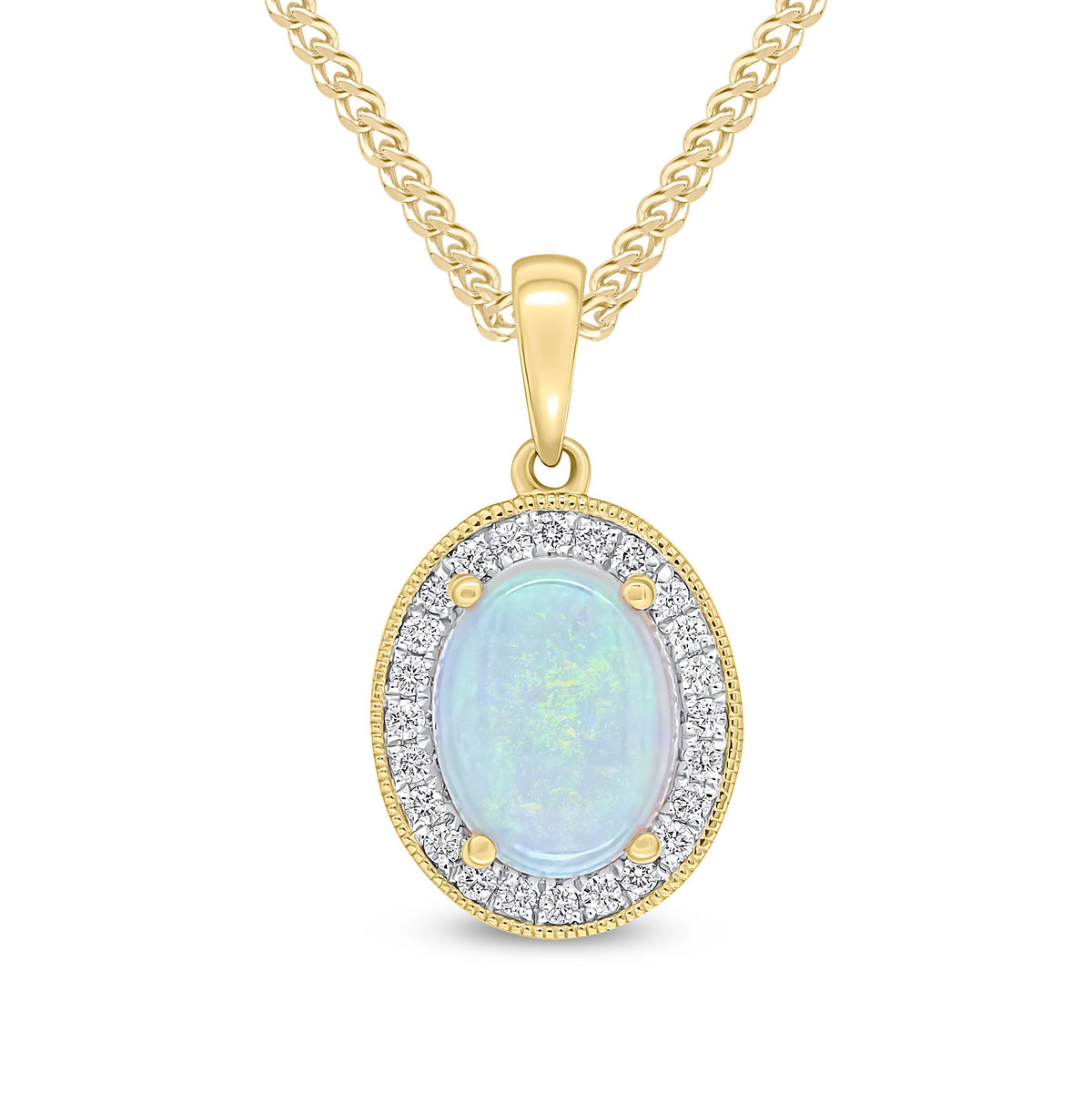 18CT YG CLAW SET 9X7MM OVAL OPAL AND DIAMOND CLUSTER PENDANT. MILLEGRAIN EDGE