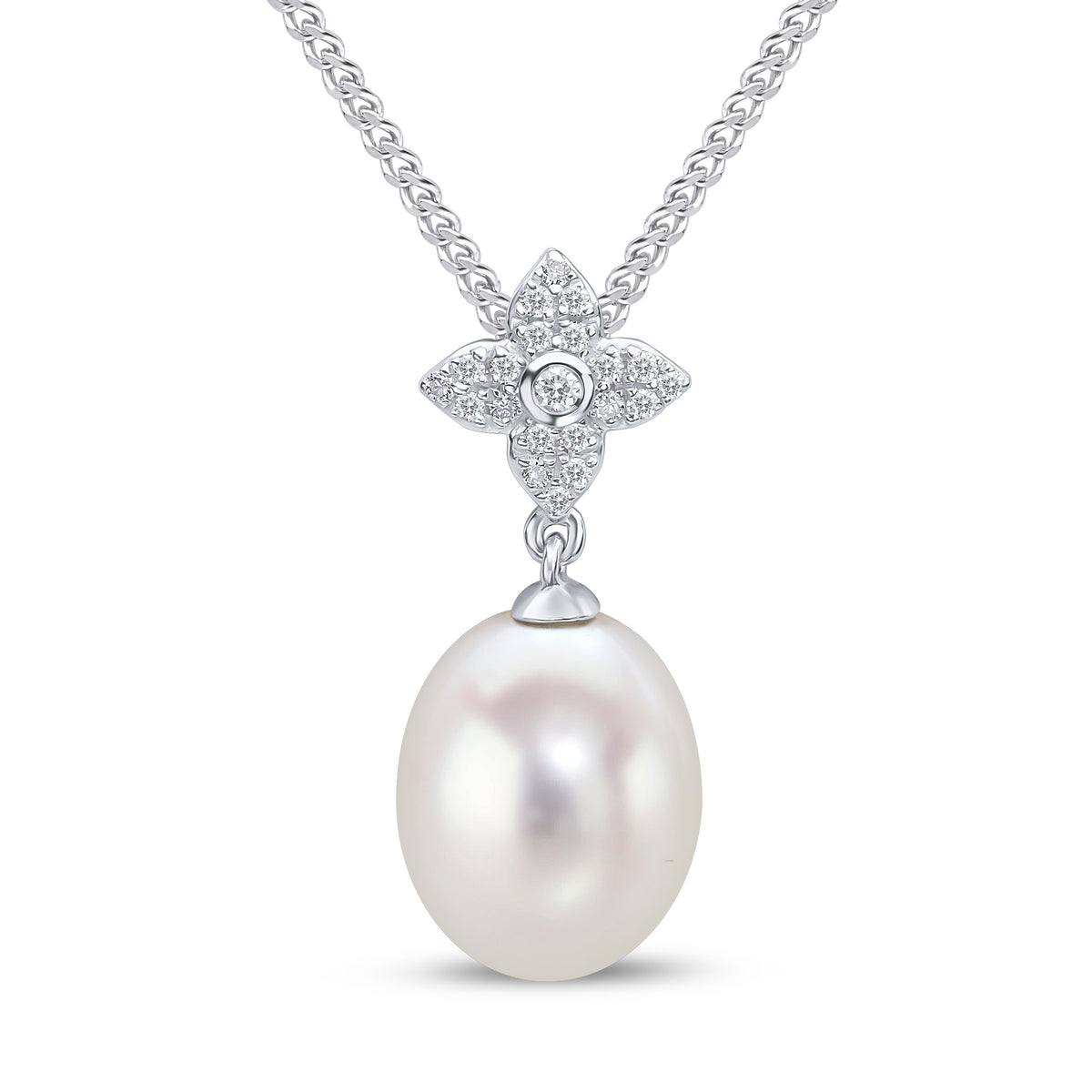18CT WG CFW PEARL AND DIAMOND FLOWER/STAR TOP PENDANT