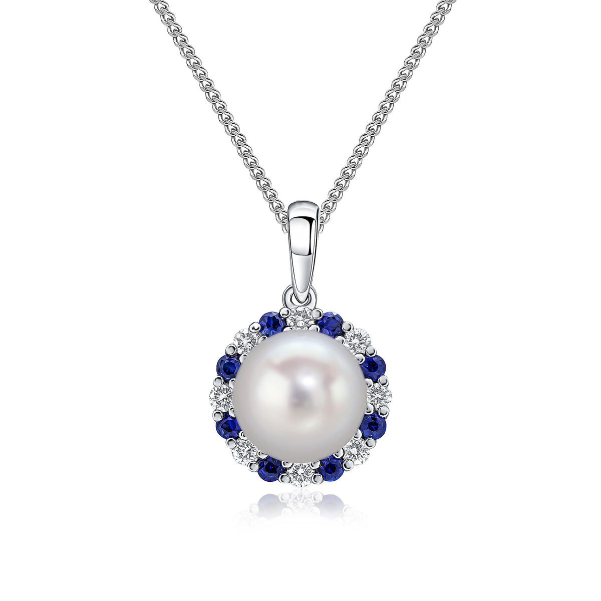 18CT WHITE GOLD FRESHWATER CULTURED PEARL WITH ROUND SAPPHIRE AND DIAMOND BORDER CLUSTER PENDANT