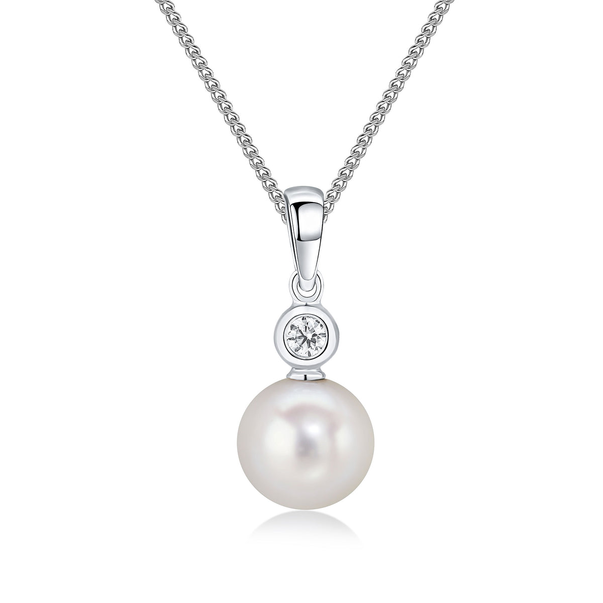 18CT WG RUBOVER ROUND DIAMOND & 8MM CULTURED FRESHWATER PEARL 2 STONE PENDANT