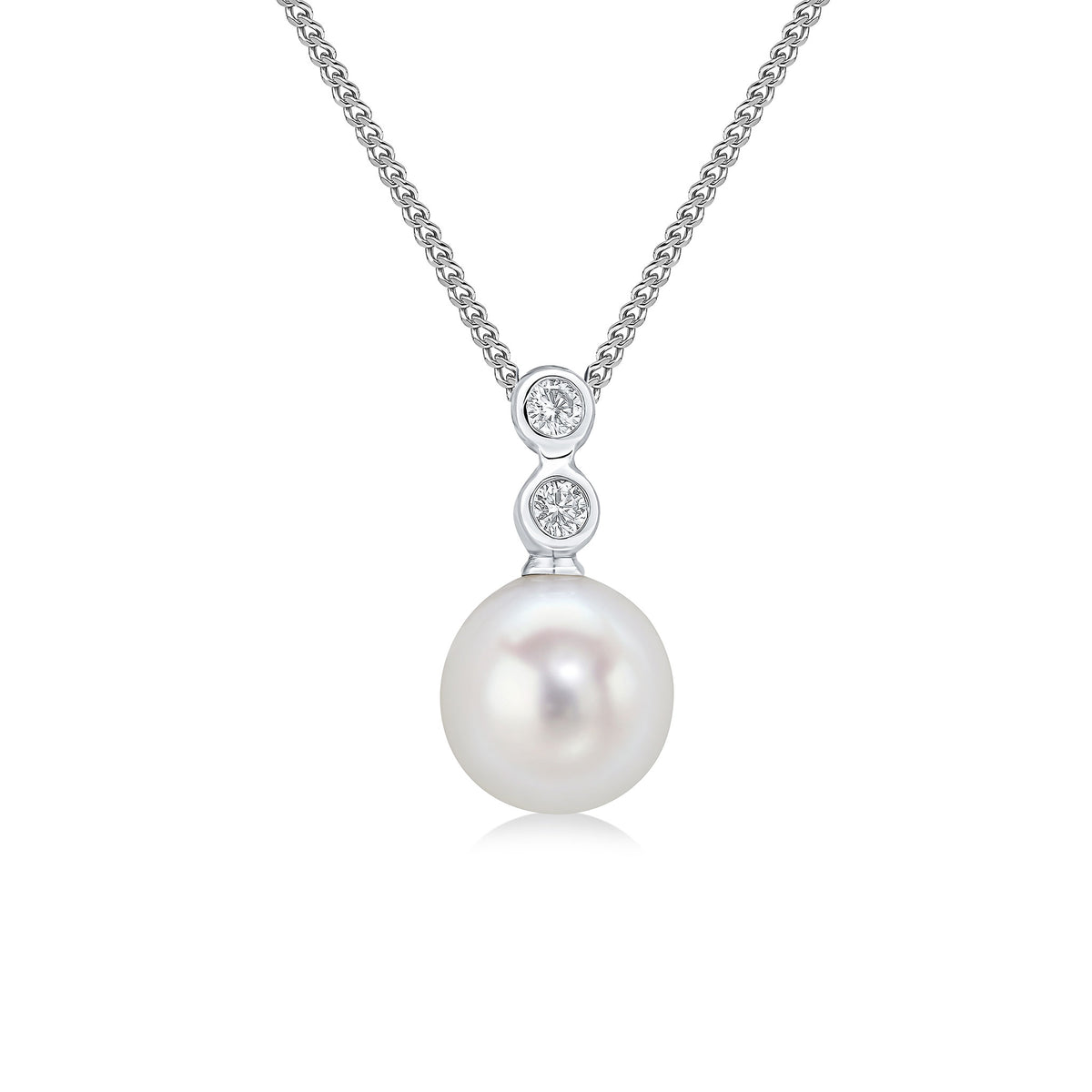 18CT WHITE GOLD RUBOVER ROUND DIAMOND & FRESHWATER CULTURED PEARL 3 STONE PENDANT