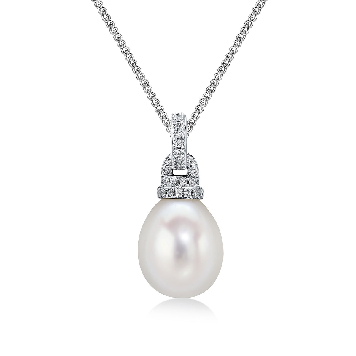 18CT WHITE GOLD FRESHWATER CULTURED PEARL AND DIAMOND LINE AND CAP TOP PENDANT