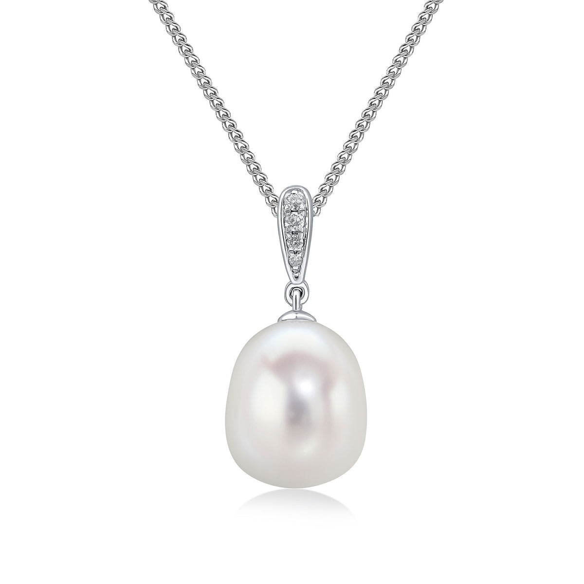18CT WG CULTURED FRESHWATER PEARL AND GRAIN SET ROUND DIAMOND LINE PENDANT