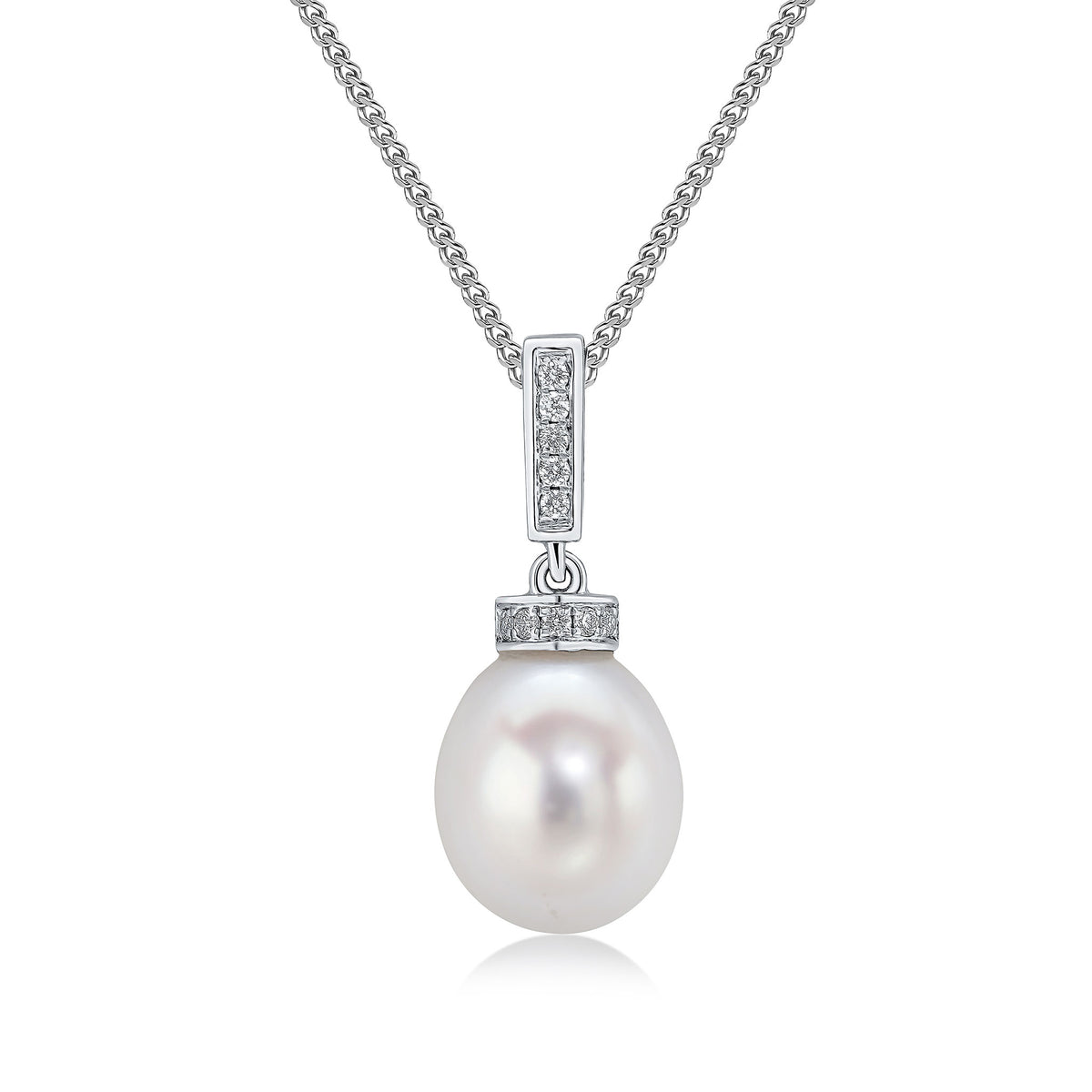 18CT WHITE GOLD FRESHWATER CULTURED PEARL AND DIAMOND LINE AND CAP PENDANT