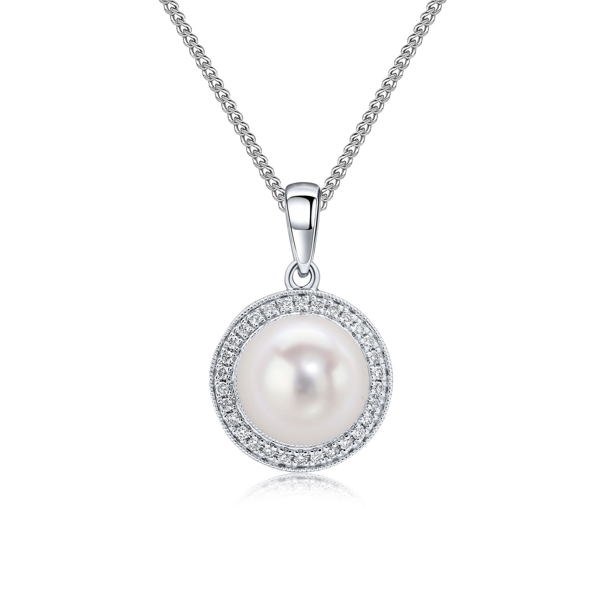 18CT WG FRESHWATER CULTURED PEARL AND GRAIN SET DIAMOND ROUND CLUSTER PENDANT WITH MILLEGRAIN EDGE