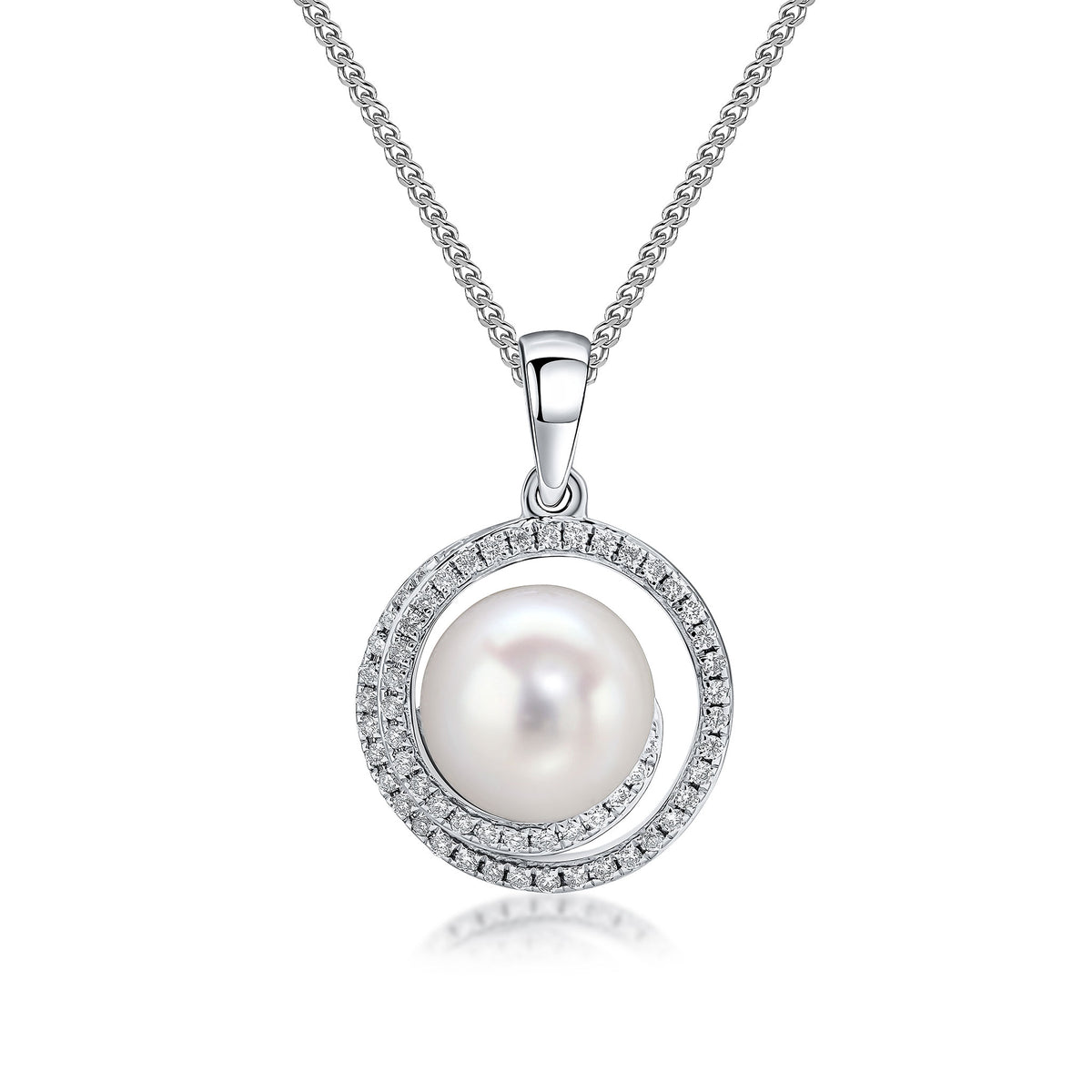 18CT WHITE GOLD FRESHWATER CULTURED PEARL AND DIAMOND ROUND SWIRL CLUSTER PENDANT