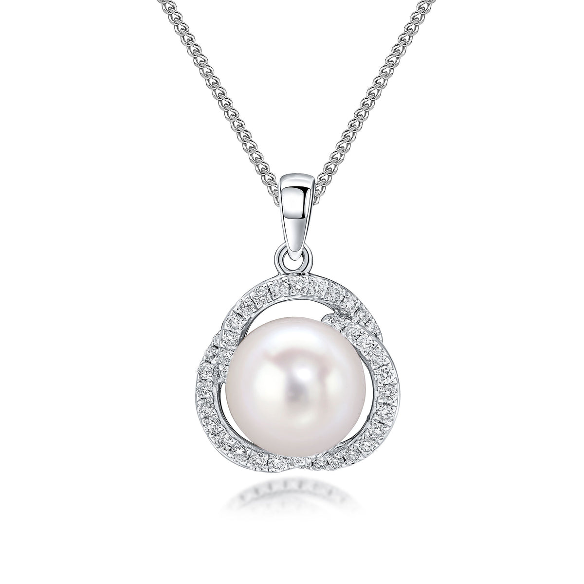 18CT WHITE GOLD FRESHWATER CULTURED PEARL AND DIAMOND LOOPS CLUSTER PENDANT