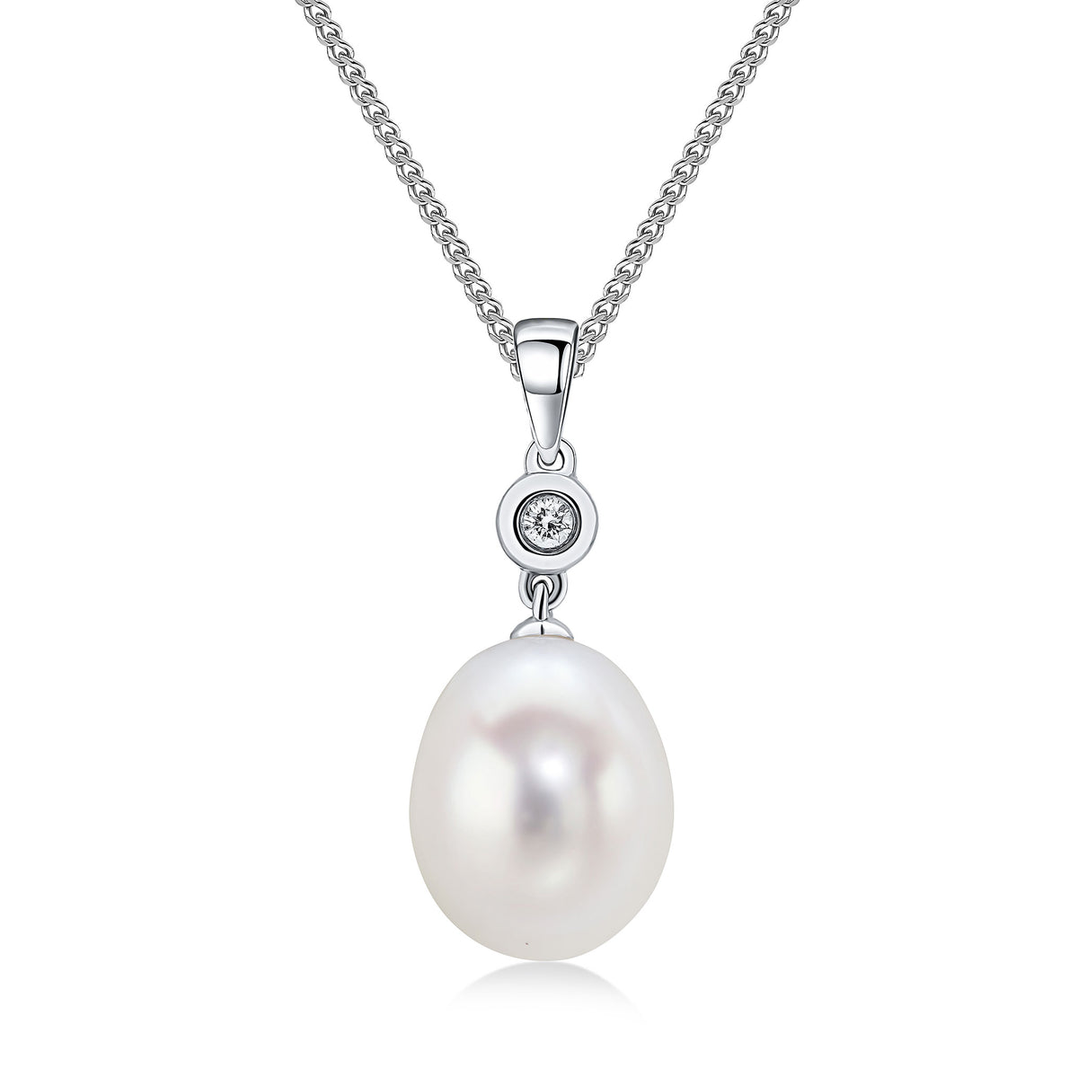 18CT WHITE GOLD FRESHWATER CULTURED PEARL AND DIAMOND RUBOVER 2ST PENDANT