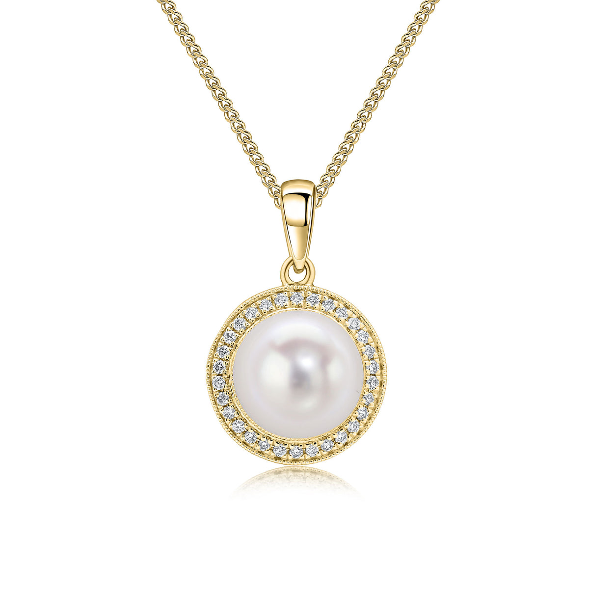 18CT YELLOW GOLD FRESHWATER CULTURED PEARL AND MILLEGRAIN DIAMOND ROUND CLUSTER PENDANT