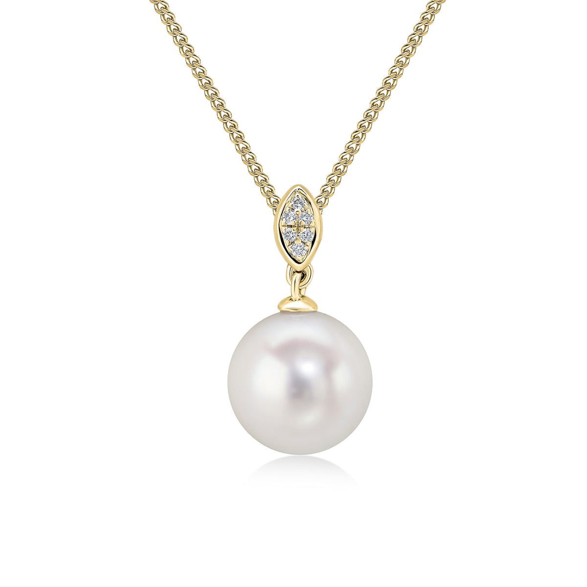 18CT YELLOW GOLD FRESHWATER CULTURED PEARL AND PAVE DIAMOND MARQUISE TOP PENDANT
