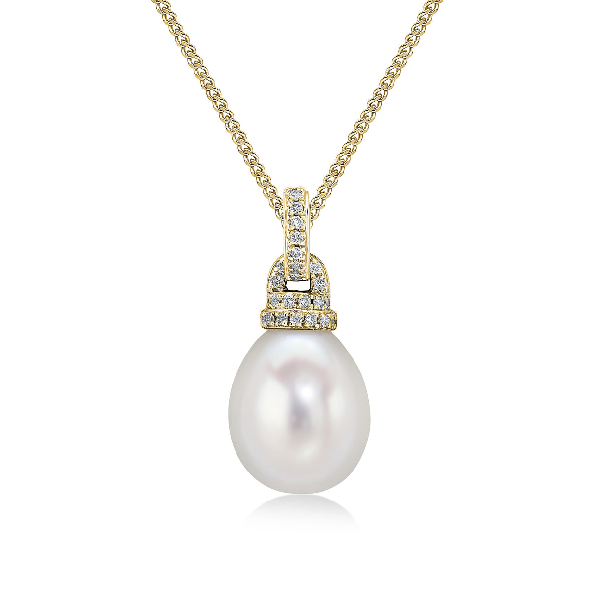 18CT YELLOW GOLD FRESHWATER CULTURED PEARL AND DIAMOND LINE AND CAP TOP PENDANT