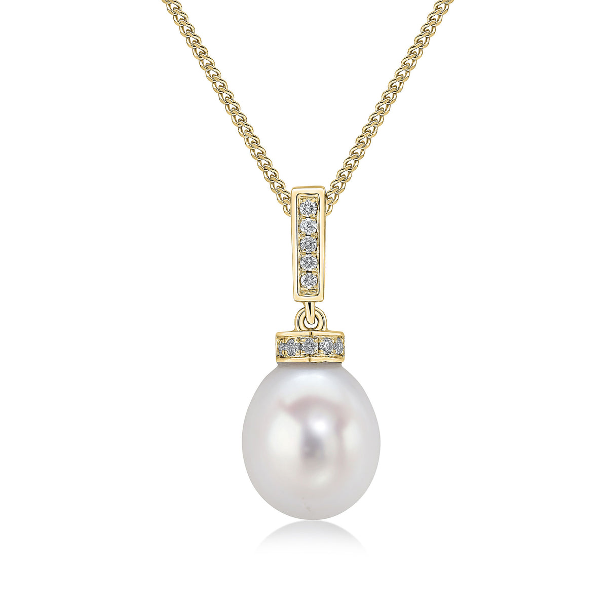 18CT YELLOW GOLD FRESHWATER CULTURED PEARL AND DIAMOND LINE AND CAP PENDANT