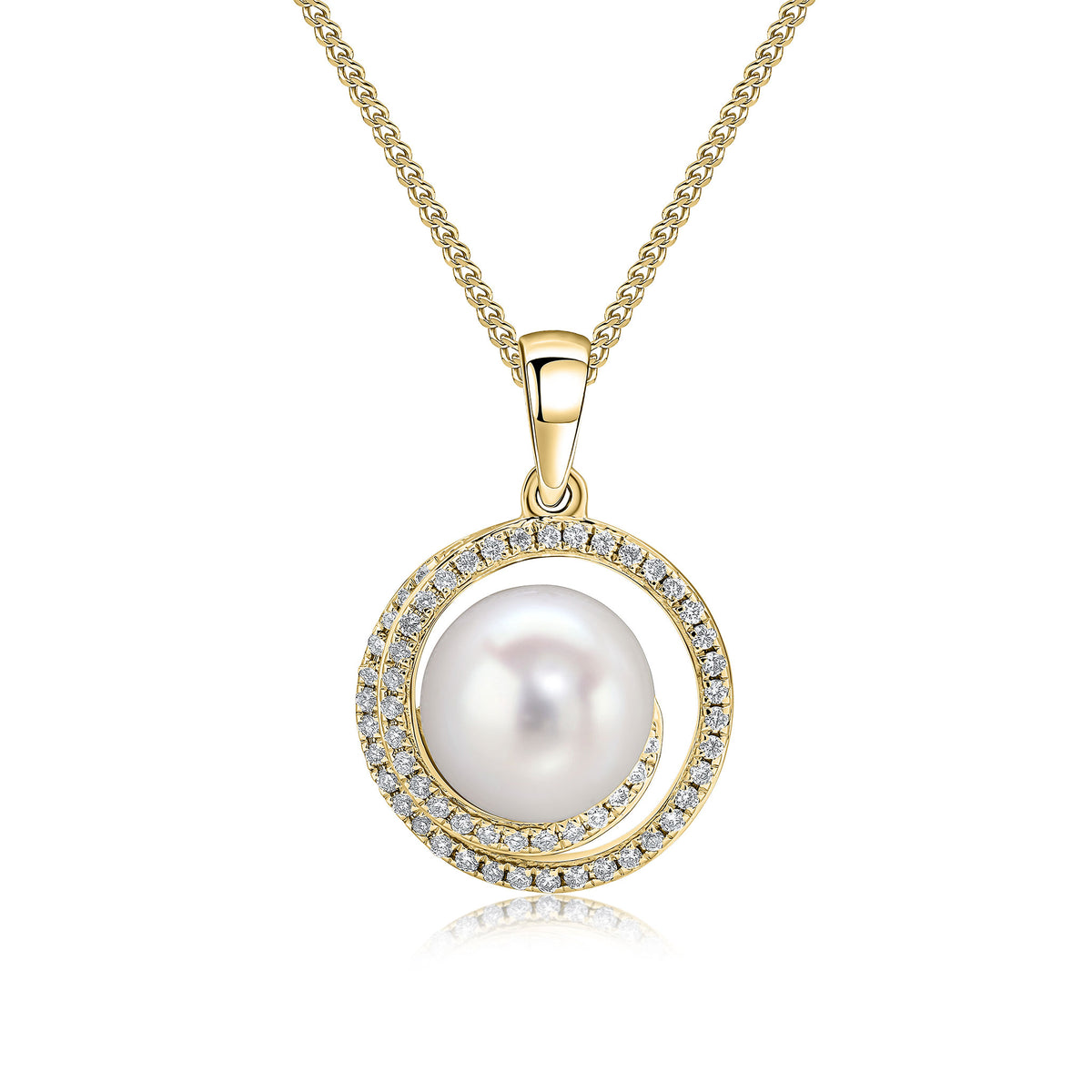 18CT YELLOW GOLD FRESHWATER CULTURED PEARL AND DIAMOND ROUND SWIRL CLUSTER PENDANT