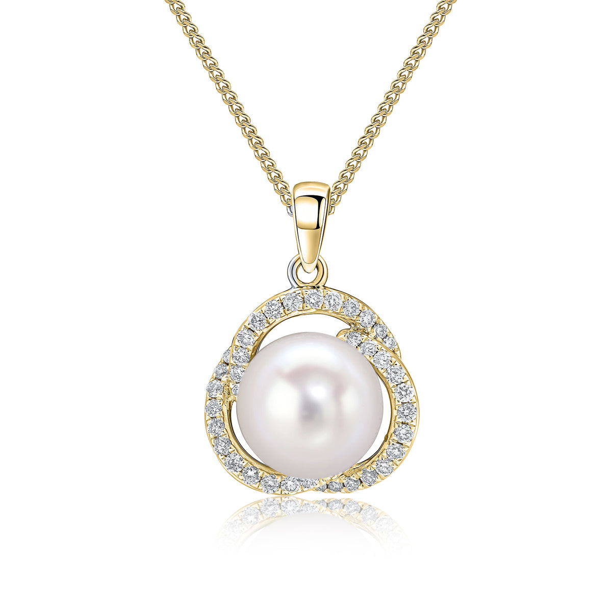 18CT YELLOW GOLD FRESHWATER CULTURED PEARL AND DIAMOND LOOPS CLUSTER PENDANT