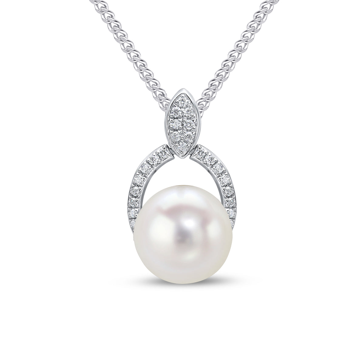 18CT WG CFW PEARL WITH GRAIN SET DIAMOND 'HORSESHOE' TOP PENDANT