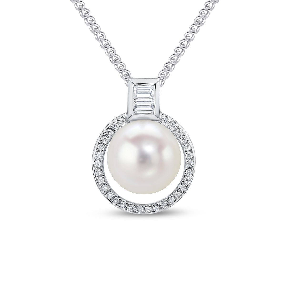 18CT WG CFW PEARL & DIAMOND HALO CLUSTER PENDANT WITH BAGUETTE DIAMOND LOOP TOP