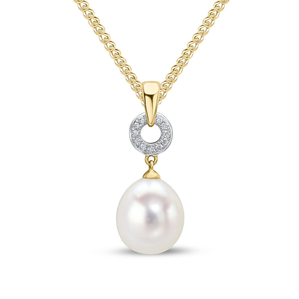 18CT YG CFW PEARL & DIAMOND CIRCLE PENDANT WITH PLAIN LOOP TOP. RHODIUM TO DIAMONDS