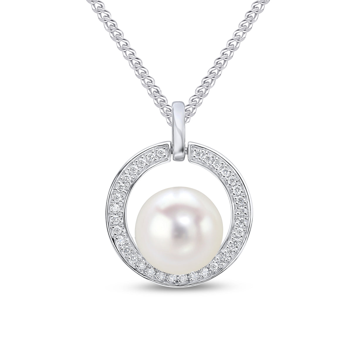 18CT WG CFW PEARL IN GRAIN SET DIAMOND CIRCLE PENDANT WITH PLAIN LOOP