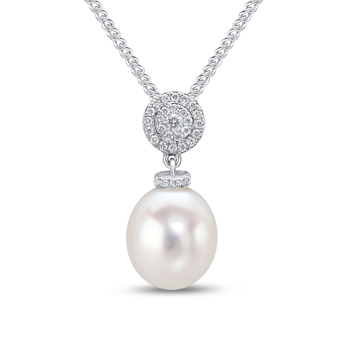 18CT WG CFW PEARL & DIAMOND 2 ROW BORDER CLUSTER TOP SLIDER PENDANT