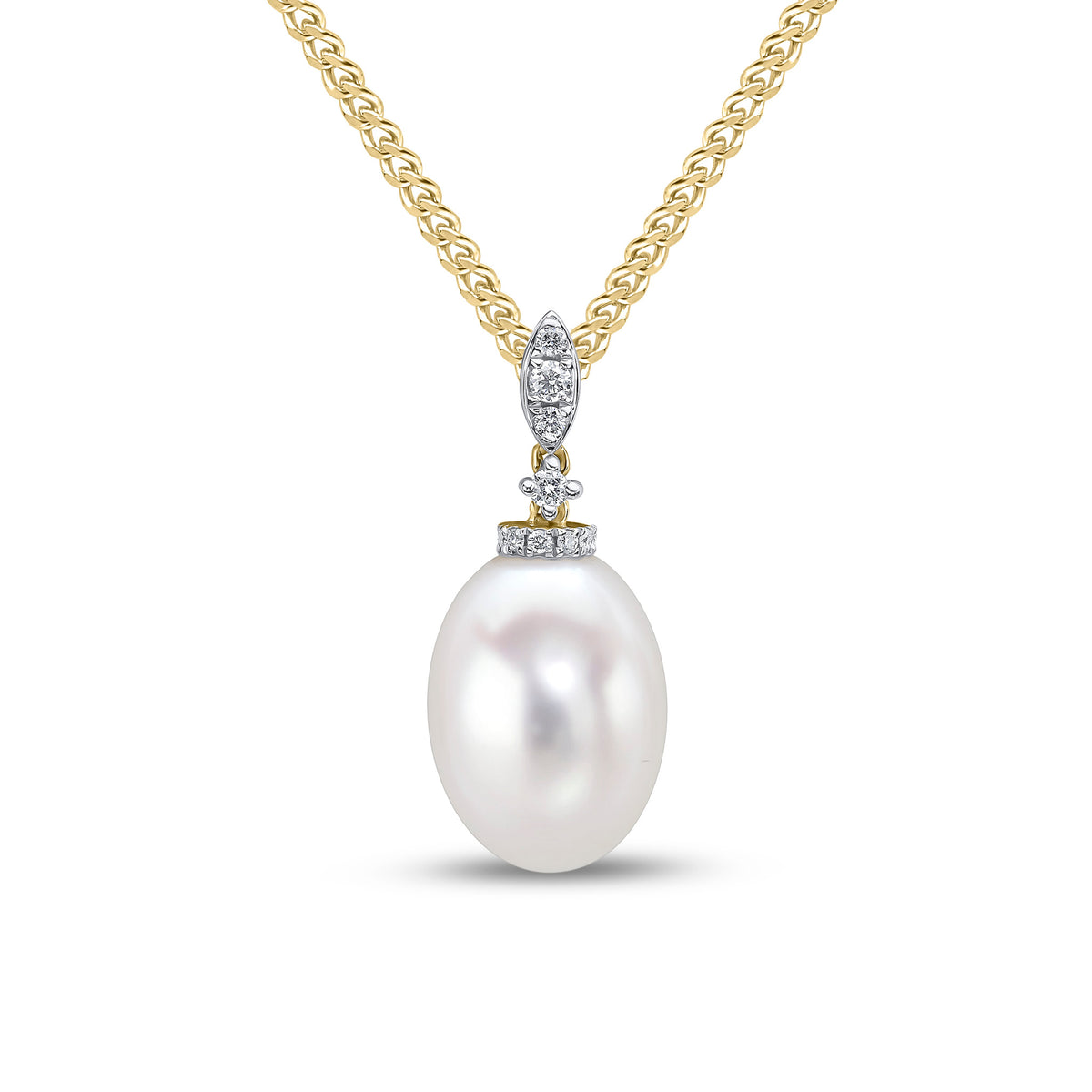 18CT YG DIAMOND TOP PEARL DROP PENDANT. RHODIUM TO DIAMONDS