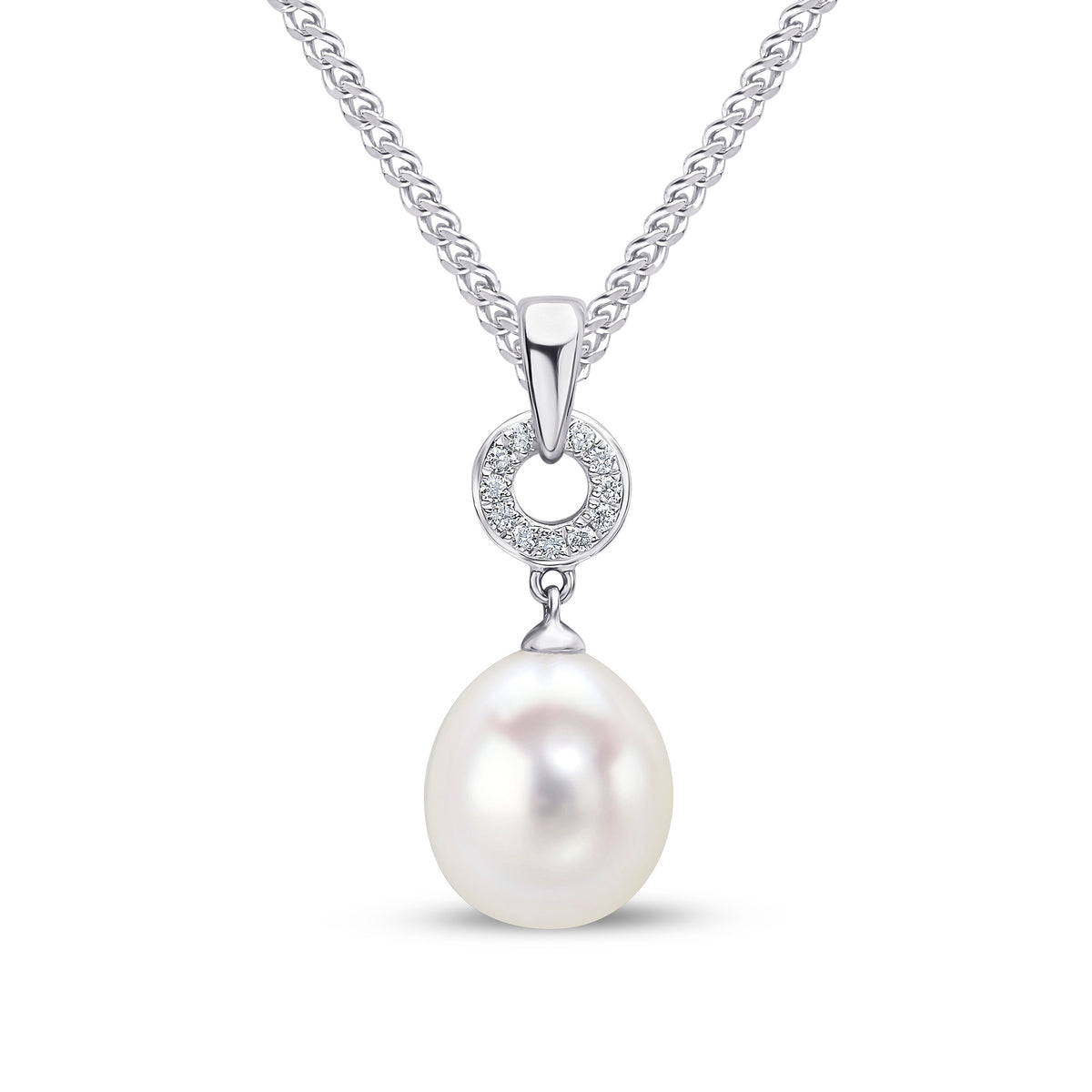 18CT WG CFW PEARL & DIAMOND CIRCLE PENDANT WITH PLAIN LOOP TOP