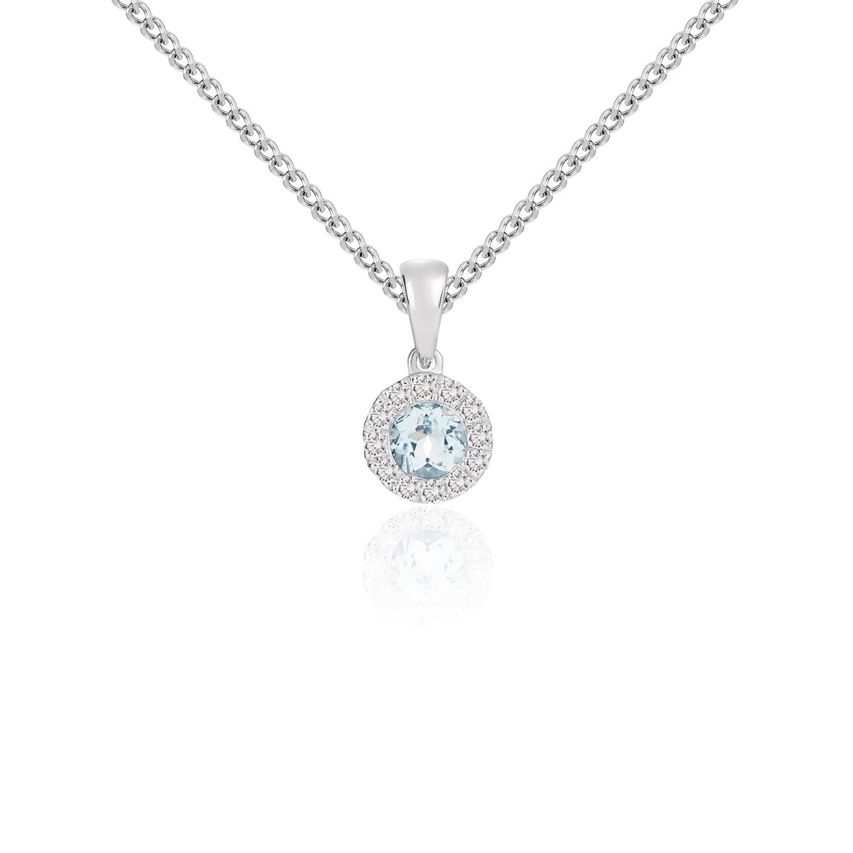 18CT WG 4MM ROUND AQUA AND DIAMOND MICROSET CLUSTER PENDANT WITH PLAIN LOOP
