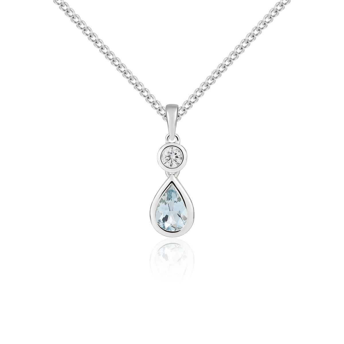 18CT WG PEARSHAPE AQUA AND ROUND DIAMOND 2ST RUBOVER PENDANT