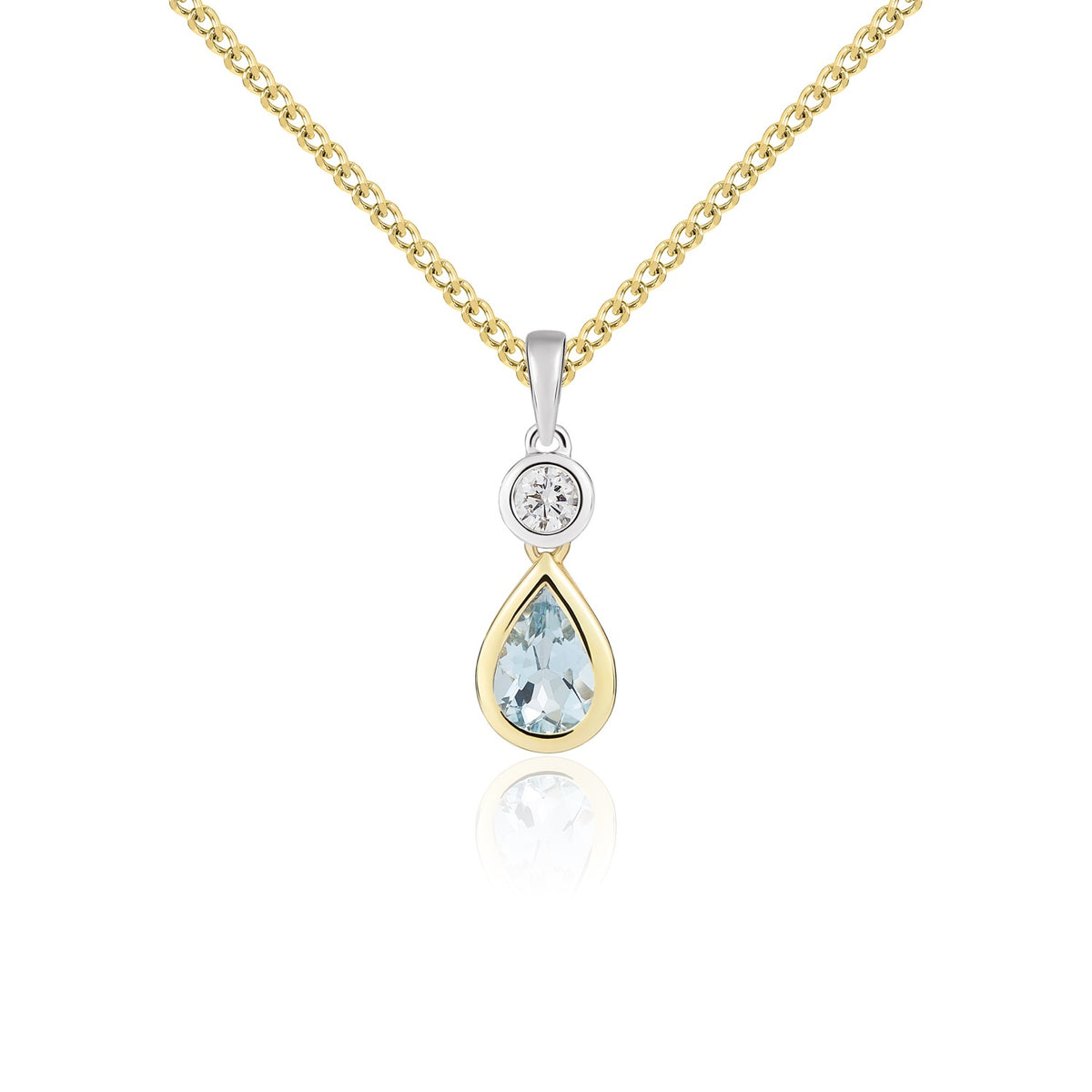 18CT YWG PEARSHAPE AQUA AND ROUND DIAMOND 2ST RUBOVER PENDANT