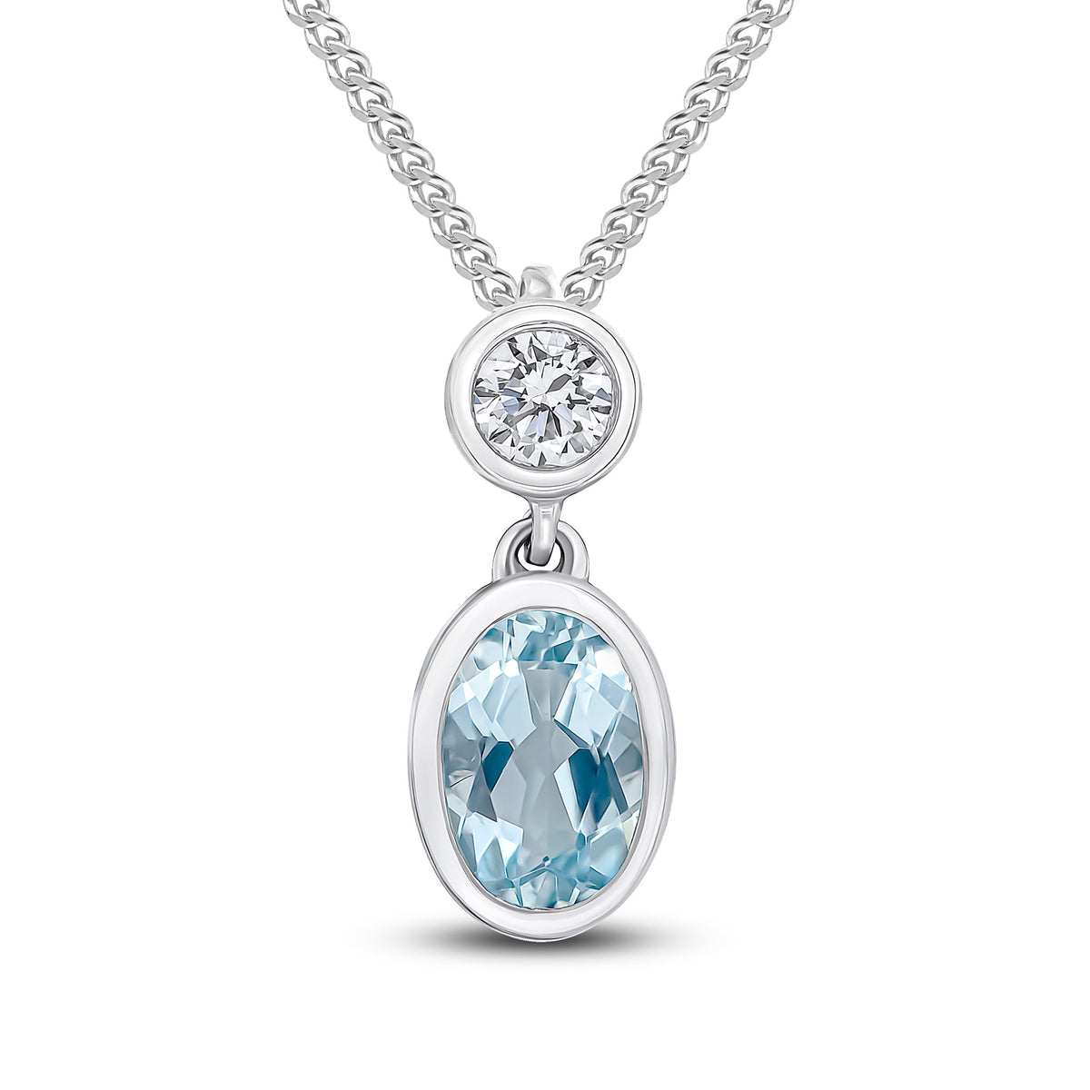 18CT WG OVAL AQUA & ROUND DIAMOND 2ST RUBOVER SLIDER PENDANT