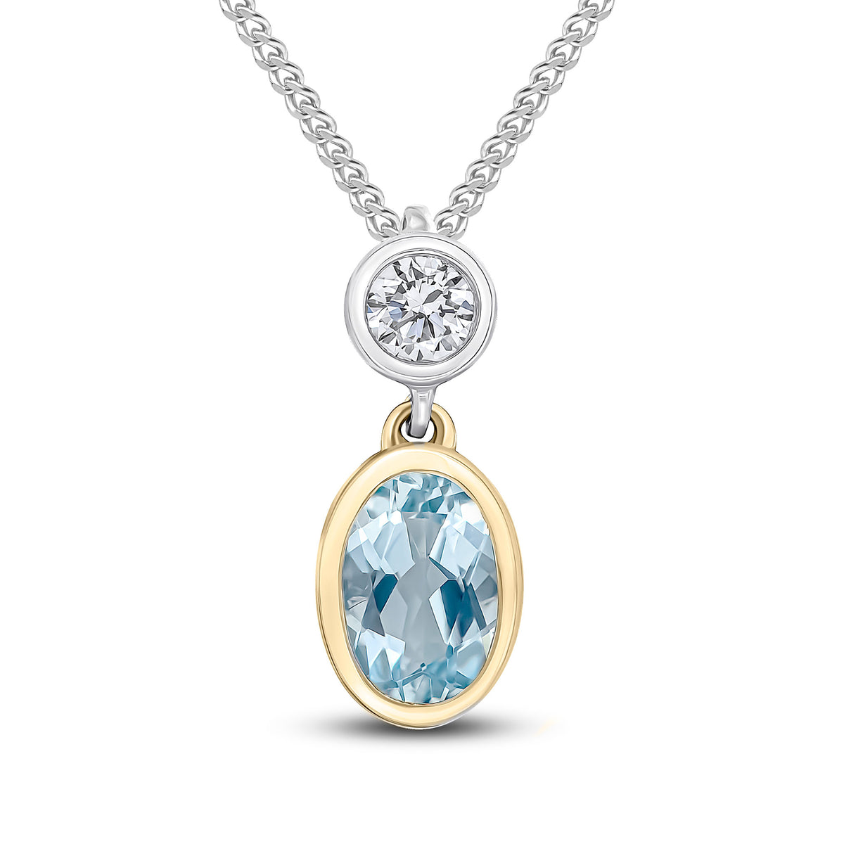 18CT YWG OVAL AQUA & ROUND DIAMOND 2ST RUBOVER SLIDER PENDANT