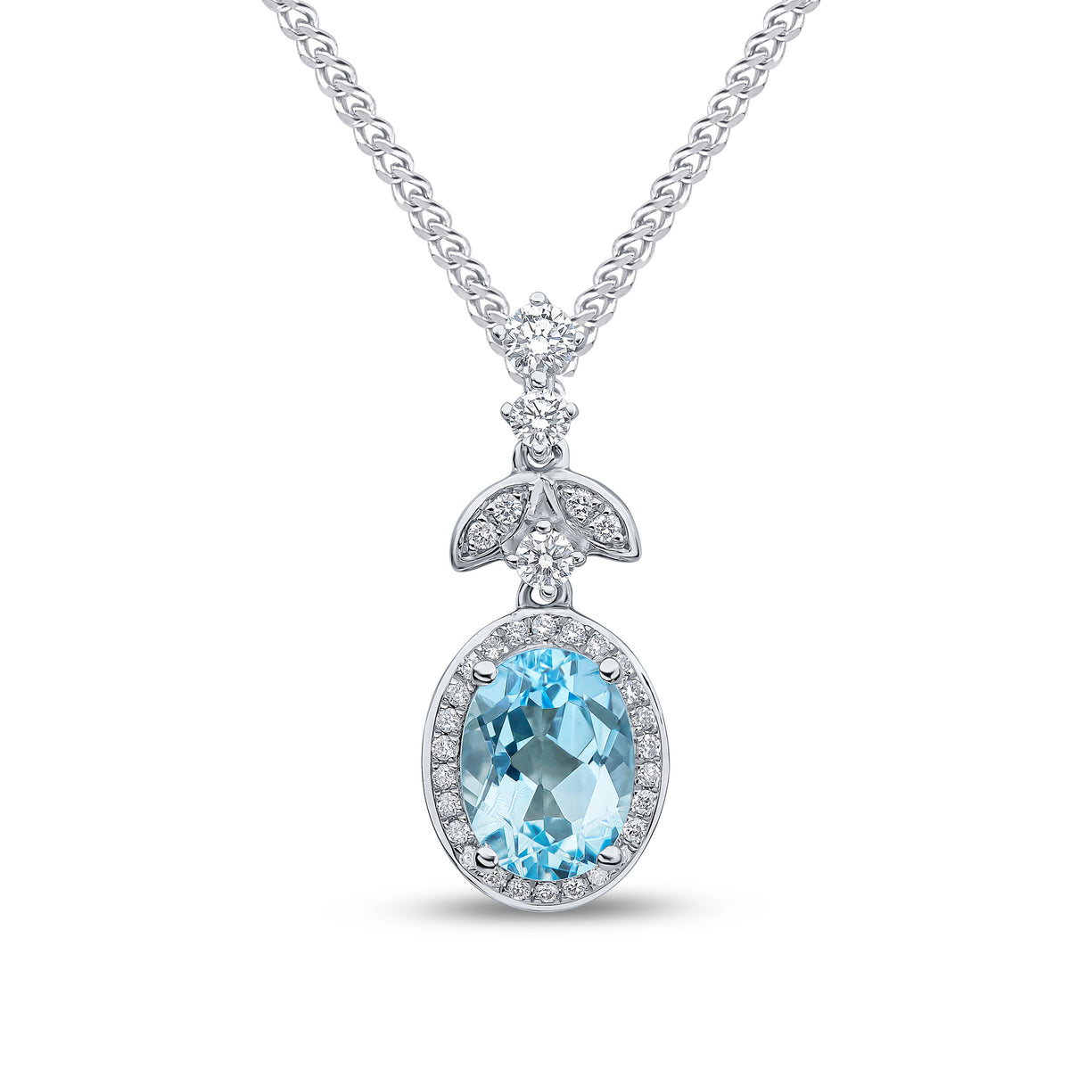 18CT WG OVAL AQUA AND DIAMOND CLUSTER PENDANT WITH LEAF AND DIAMOND 3ST TOP