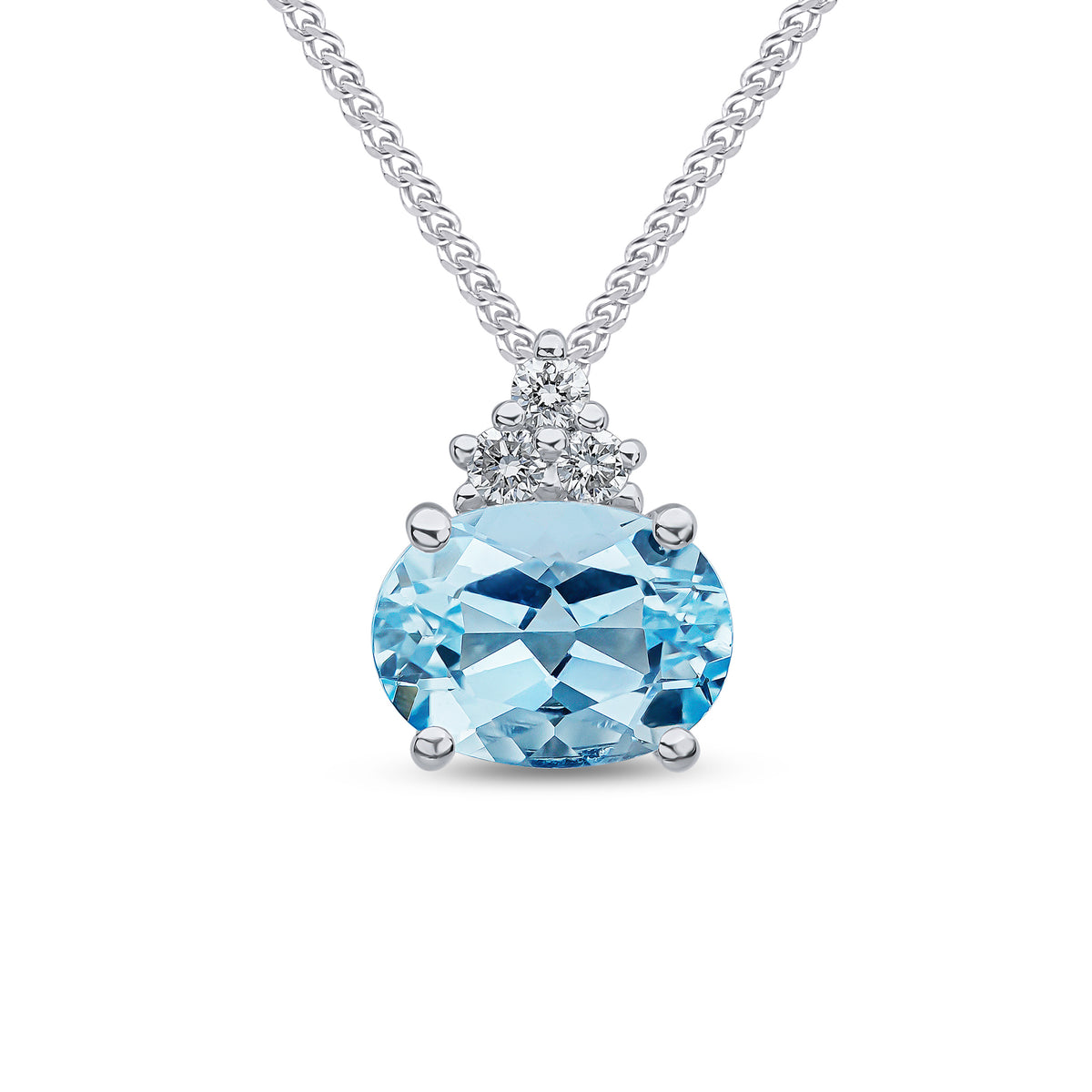 18CT WG OVAL AQUA AND ROUND DIAMOND TREFOIL TOP SLIDER PENDANT