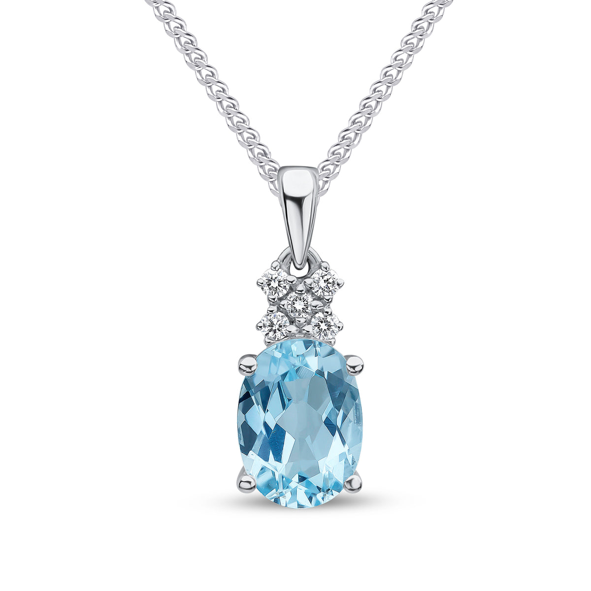 18CT WG 8X6MM OVAL AQUA & DIAMOND 5ST 'CROSS' TOP PENDANT WITH PLAIN LOOP