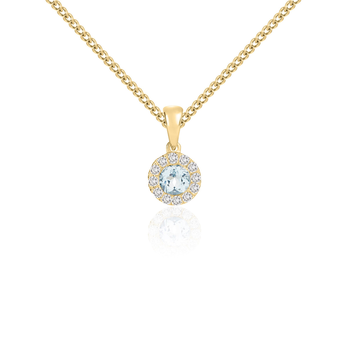 18CT YG 4MM ROUND AQUA AND DIAMOND MICROSET CLUSTER PENDANT WITH PLAIN LOOP