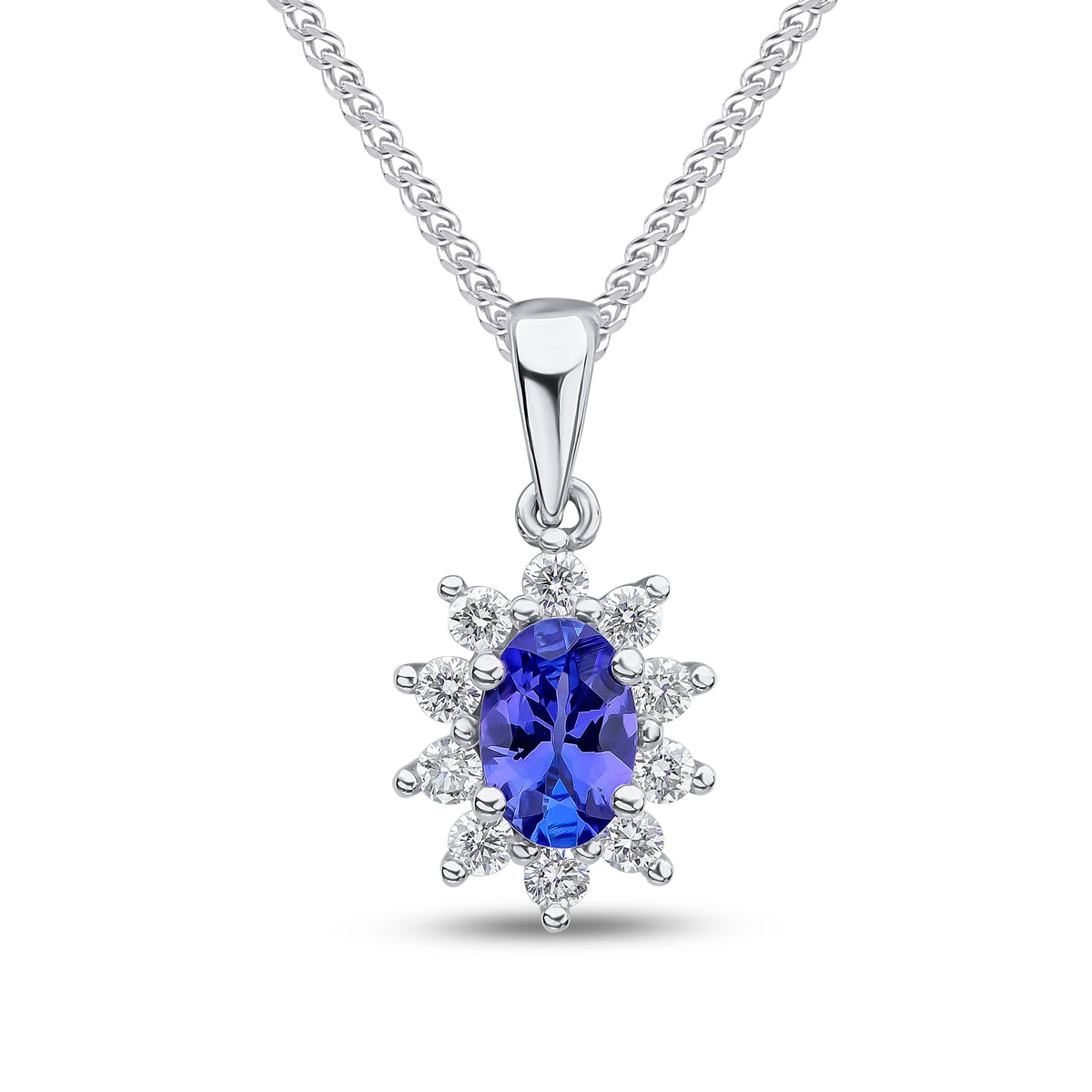 18CT WG 6X4 OVAL TANZANITE & DIAMOND CLAW SET CLUSTER PENDANT