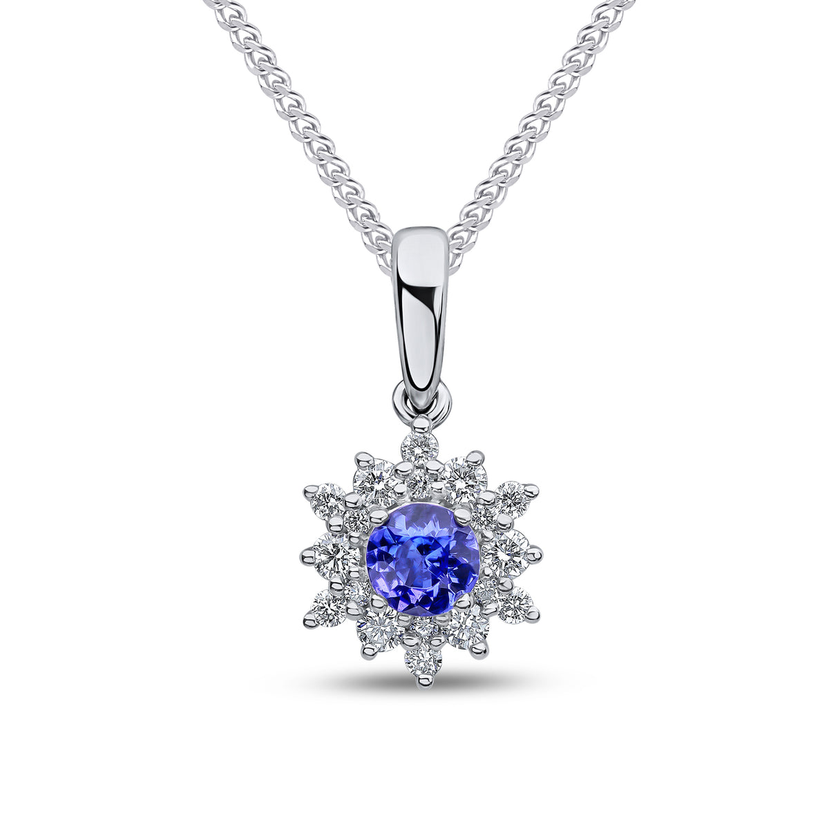 18CT WG 4MM ROUND TANZANITE & DIAMOND CLAW SET CLUSTER PENDANT