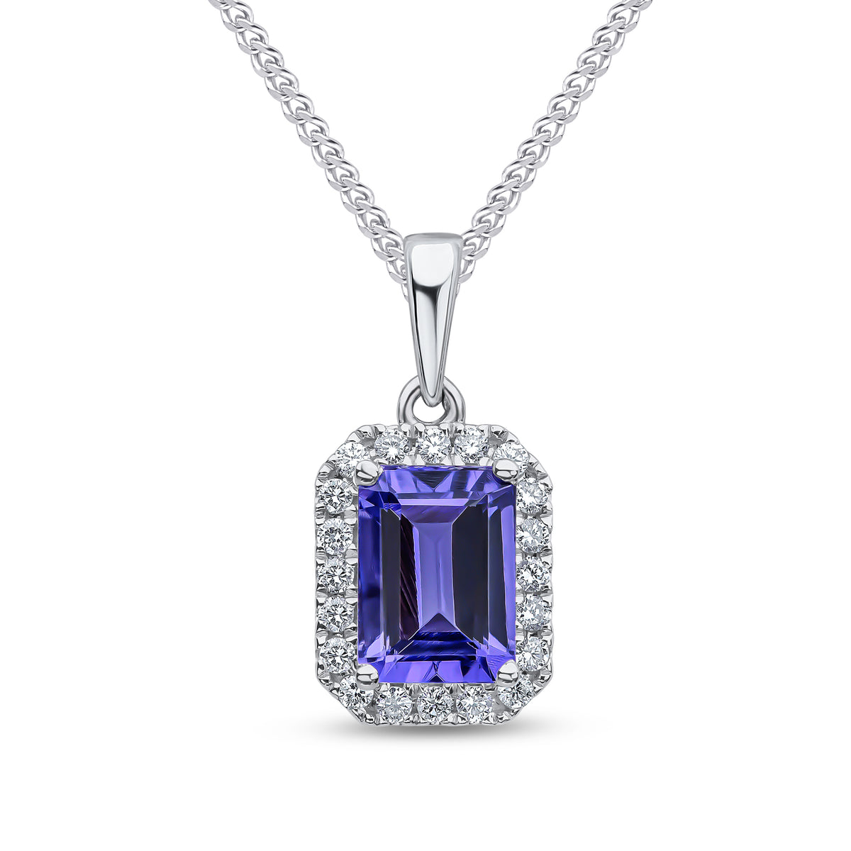 18CT WG 7X5 OCTAGON TANZANITE AND ROUND DIAMOND CLAW SET CLUSTER PENDANT