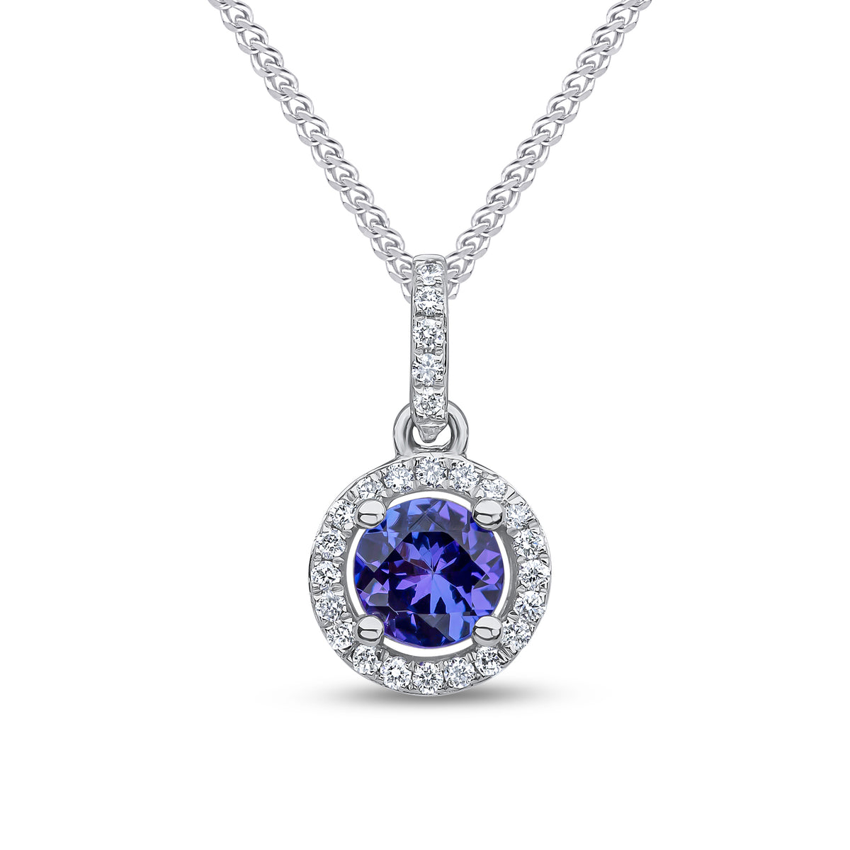 18CT WG 4.5MM ROUND TANZANITE & DIAMOND CLUSTER PENDANT WITH DIAMOND SET LOOP