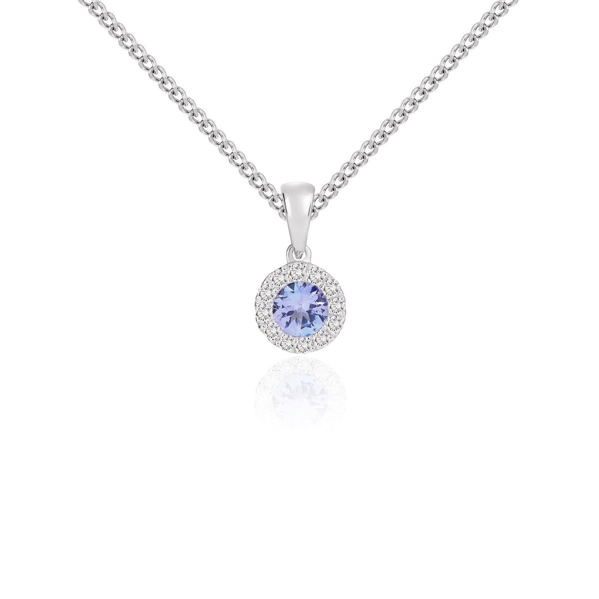 18CT WG 4MM ROUND TANZANITE & DIAMOND MICROSET CLUSTER PENDANT