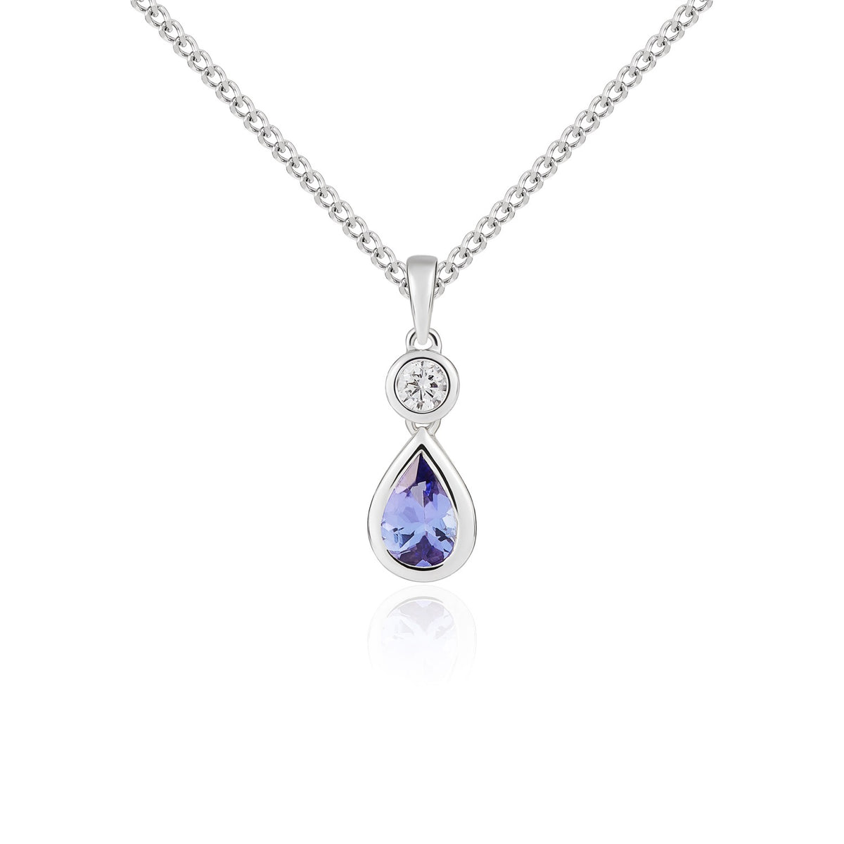 18CT WG PEARSHAPE TANZANITE AND ROUND DIAMOND 2ST RUBOVER PENDANT