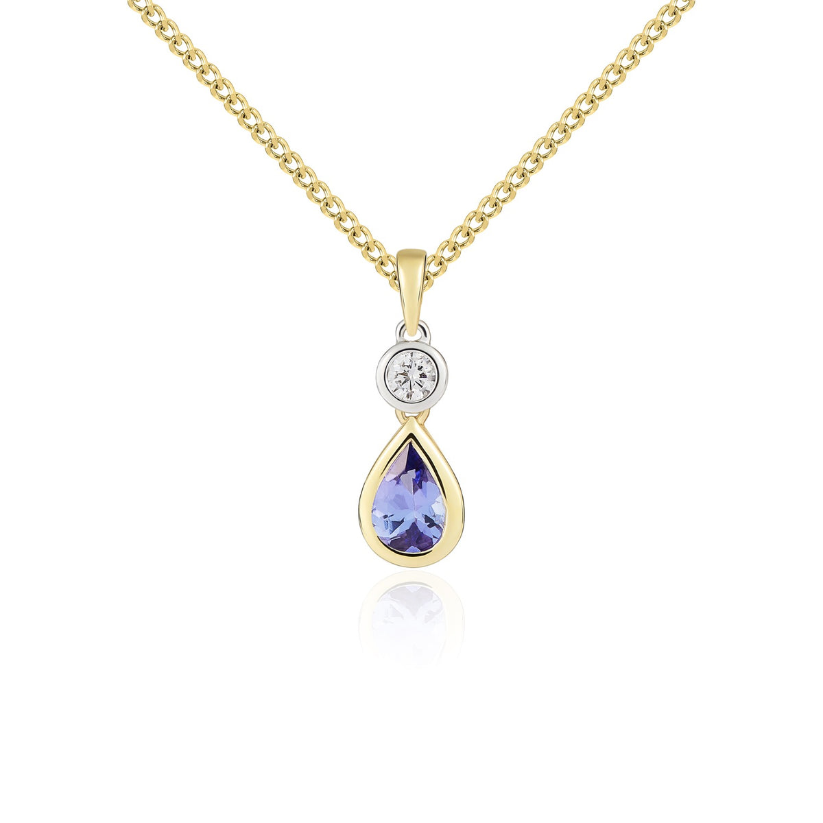 18CT YWG PEARSHAPE TANZANITE AND ROUND DIAMOND 2ST RUBOVER PENDANT
