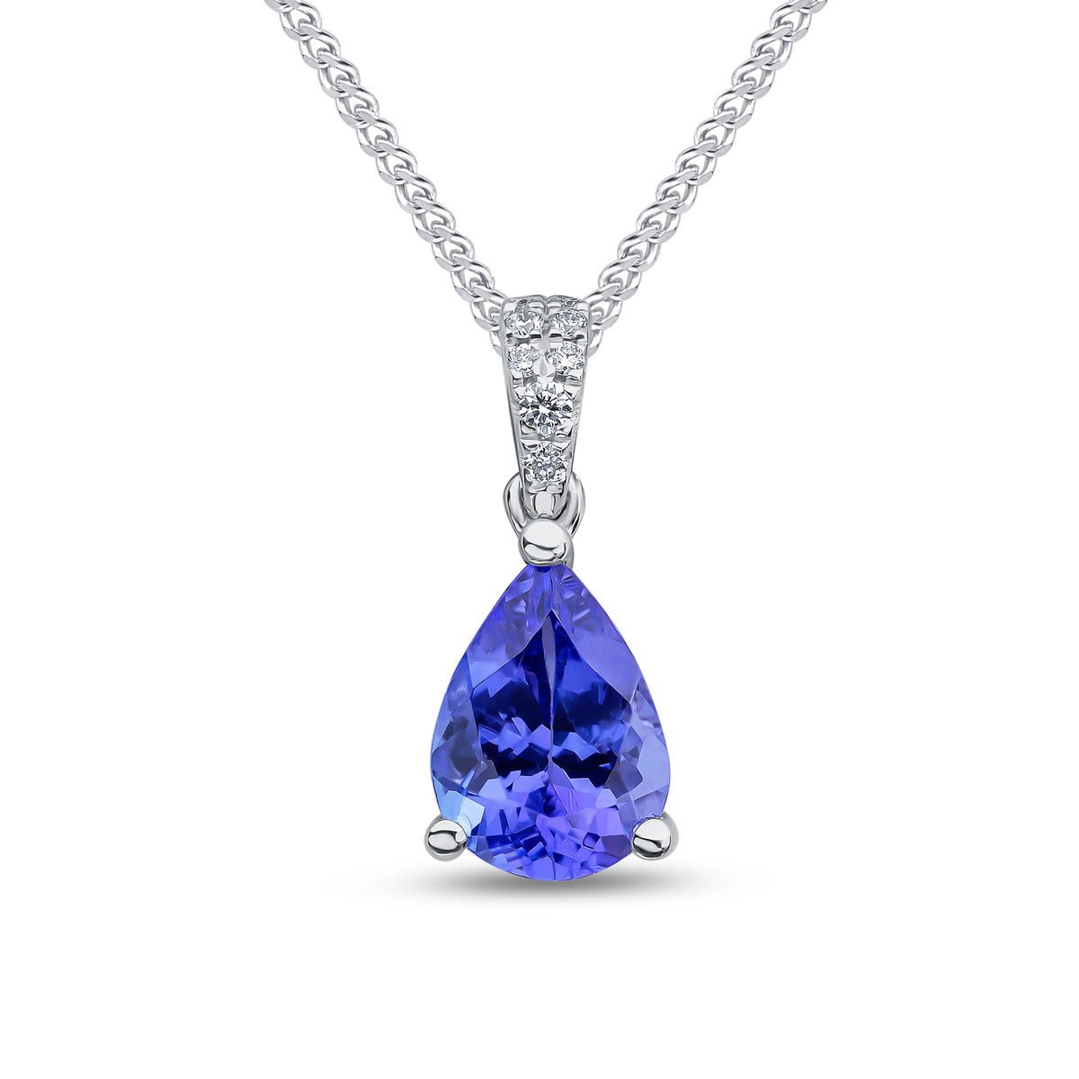 18CT WG CLAW SET 7X5 PEARSHAPE TANZANITE AND PAVE DIAMOND TOP DROP PENDANT