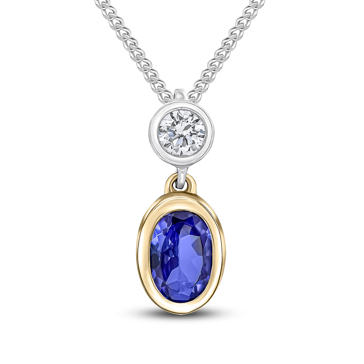 18CT YWG OVAL TANZANITE & ROUND DIAMOND 2ST RUBOVER SLIDER PENDANT