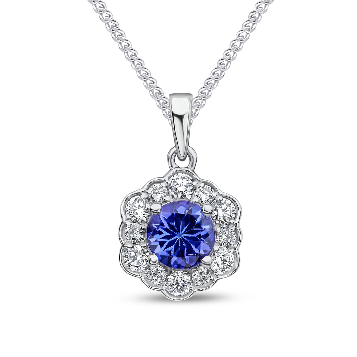 18CT WG CLAW SET ROUND TANZANITE AND ROUND DIAMOND SCALLOPED EDGE CLUSTER PENDANT WITH PLAIN LOOP TOP
